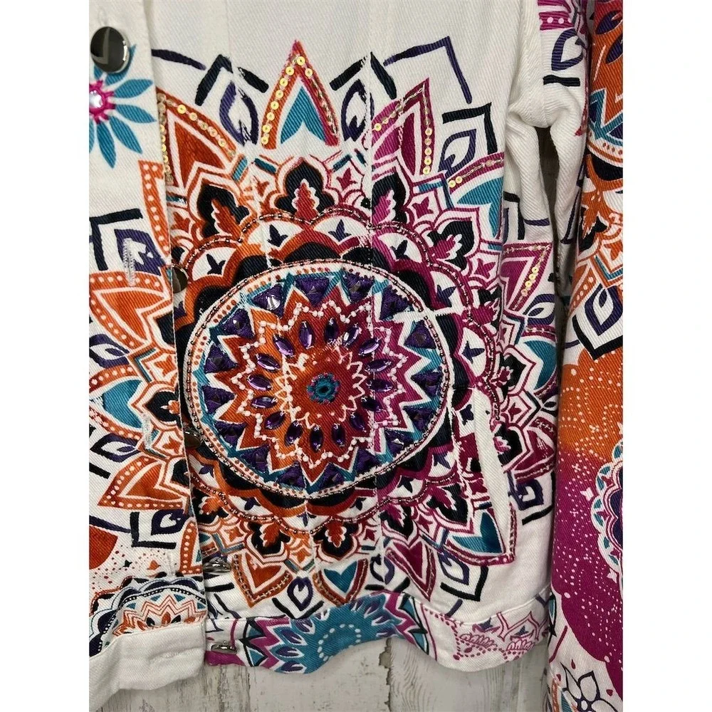 Boston Proper Womens White Mandala Embellished Denim Jacket Size S Boho Beaded - Picture 5 of 16
